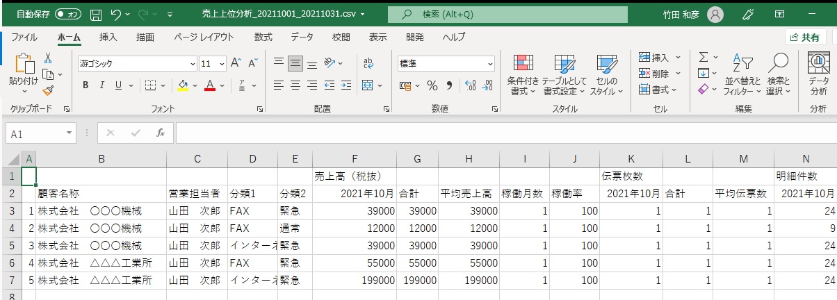 売上集計表 伝票分類別集計 CSV出力